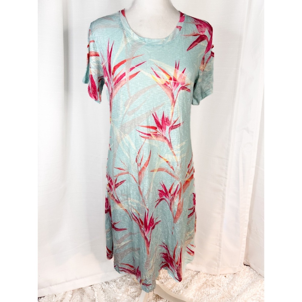 David Cline Dress Medium Mint Blue Tropical Floral Tunic T Shirt Dress USA EUC